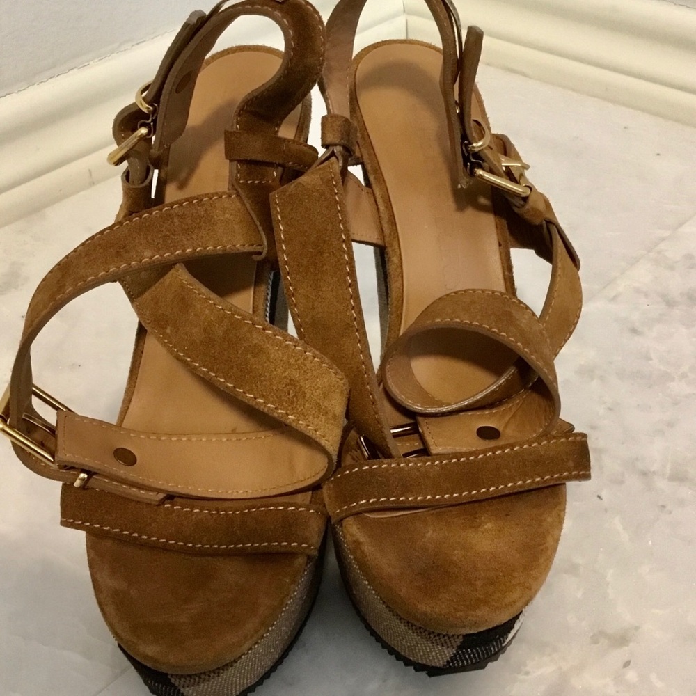 Burberry Tan Check Wedge Sandals - Picture 2 of 6